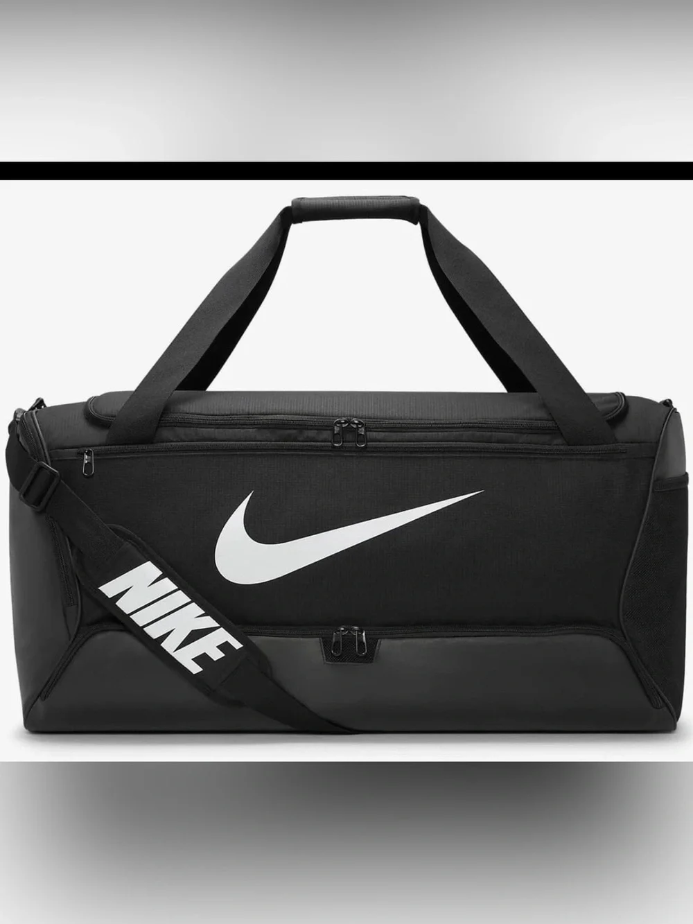 NWT Nike Black Duffel Bag with White Swoosh and Logo Strap